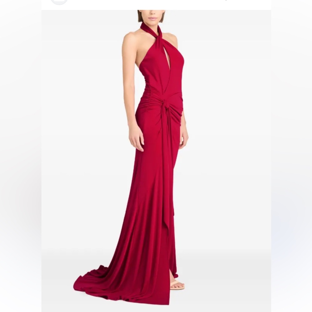 Cinq A Sept- Halterneck knotted-front gown- red (6) - Picture 2 of 4